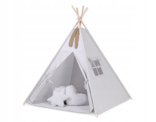 TIPI stan pre deti + karimatka + vankúšiky + prívesky z peria - šedá